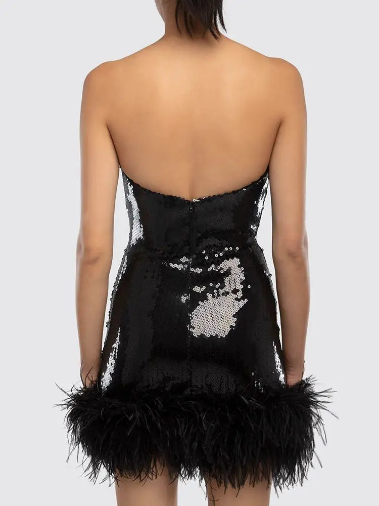 Black Fashion Sequin Feather Strapless Mini Tight Mini Dress Elegant Celebrity Party Dress