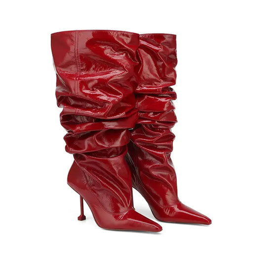New Wrinkled Patent Leather Pointed High-heeled Stacked Boots with Large Tube Circumference, European and American Long Boots