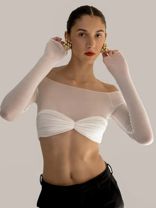 Mesh Crop Top Off-shoulder T-shirt