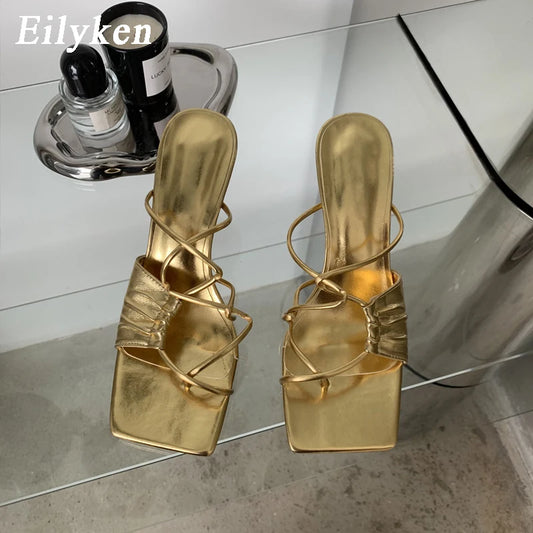 Gold Narrow Band Women Slipper Female Square Pinch Toe Low Heel Slides Sandal Flip Flops Mujer Shoes