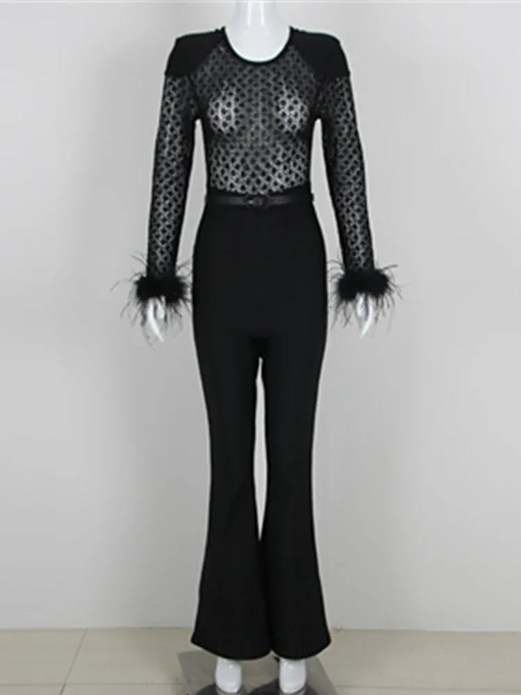 Black Jumpsuit High Quality Long Sleeve Furry Lace Embroidery Top and Bandage Pants Elegant Formal Occassion Rompers