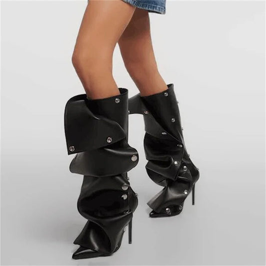 Pointed Toe Pleated Thin Heel Knee High Boots Back Zipper Fashion Buttons Stiletto Removable Boots