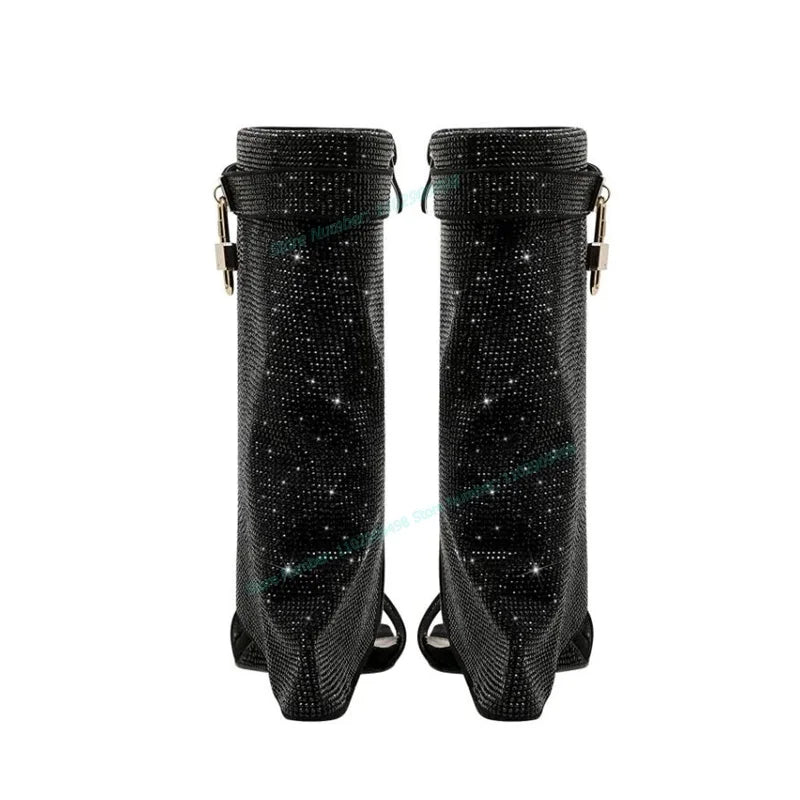 Green Crystal Decor Mid Calf Boots Square Open Toe Shoes Zapatos Para Mujere