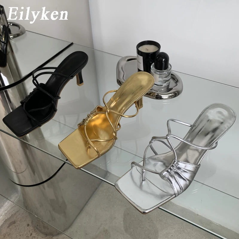Gold Narrow Band Women Slipper Female Square Pinch Toe Low Heel Slides Sandal Flip Flops Mujer Shoes