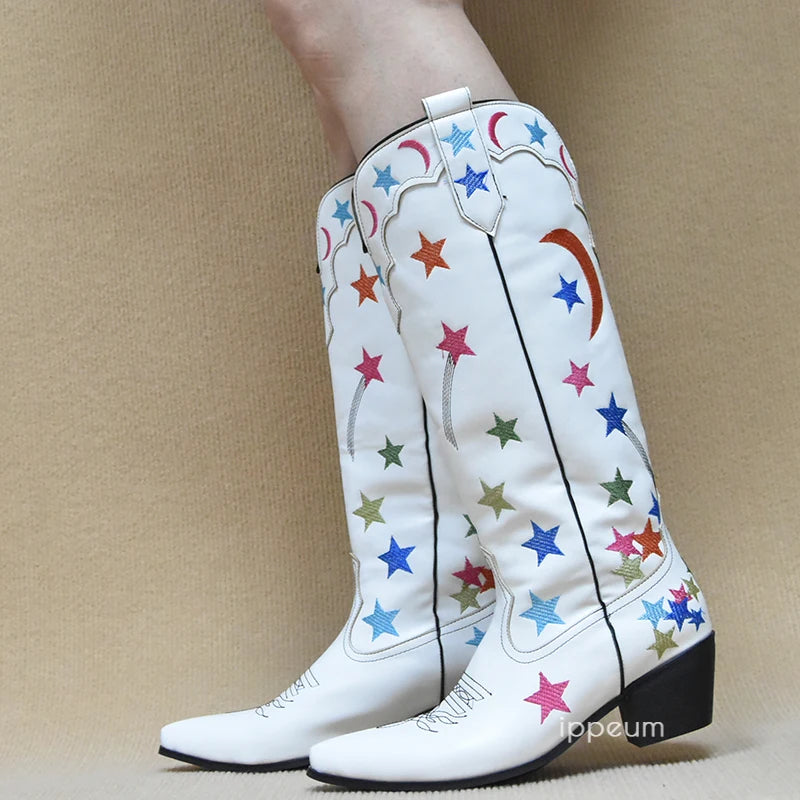 White Cowboy Boots Star Western Knee High Shoes