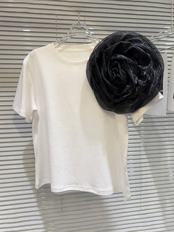 Patchwork 3D Mesh Flower T-shirt 2024 Spring Short Sleeve Round Collar Tops