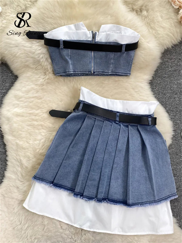 Retro Y2K Sexy Denim Suits Women Strapless Mini Top+ Pleated Mini Skirt Vintage Beach Two Pieces Set