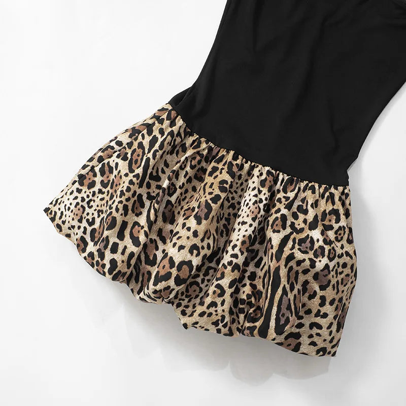 Chic Spliced Leopard Print Dress for Women Off Shoulder Strapless Slim Mini Dress