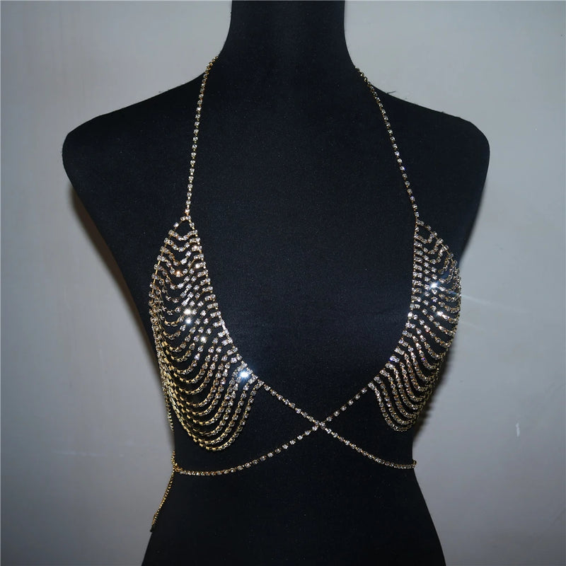 Crystal Bra Underwear Shining All Rhinestone Tassel Chest Chain Necklace Jewelry Accessories