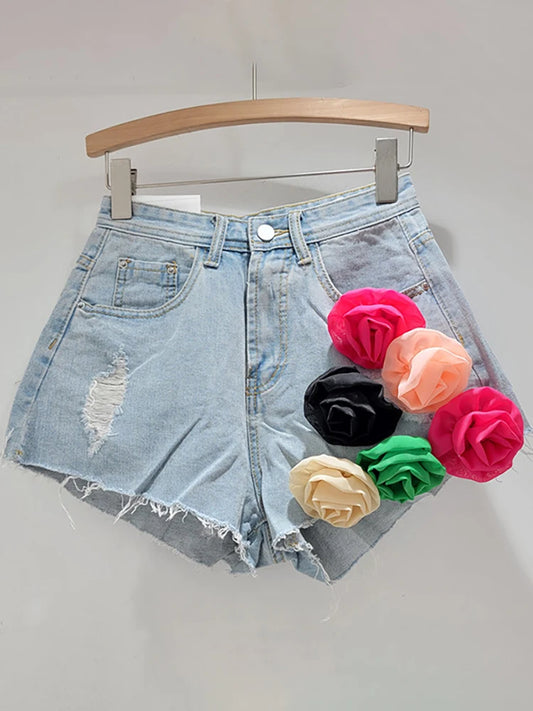 Denim Shorts Colored 3d Mesh Flowers Wide Leg Broken