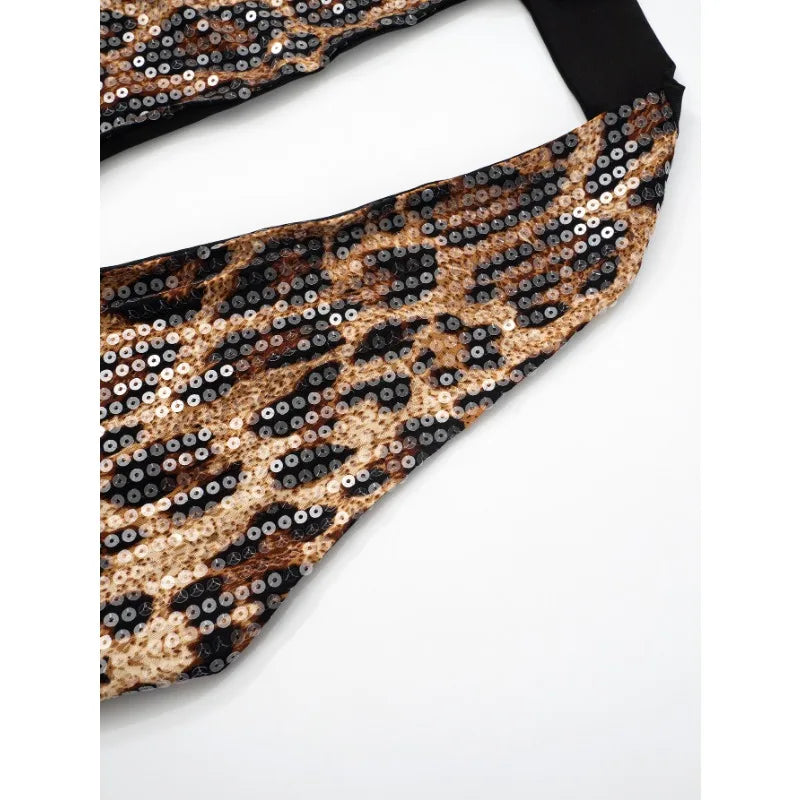 Leopard Sequin Backless Halter Short Dress