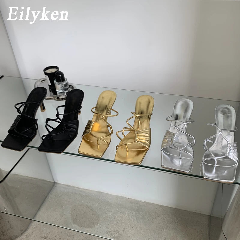 Gold Narrow Band Women Slipper Female Square Pinch Toe Low Heel Slides Sandal Flip Flops Mujer Shoes