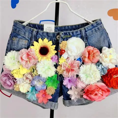 Handmade 3D Flowers Sequins Beads Slim Denim Shorts Summer High Waist Short Jeans Trousers Floral Embroidery Pantalones