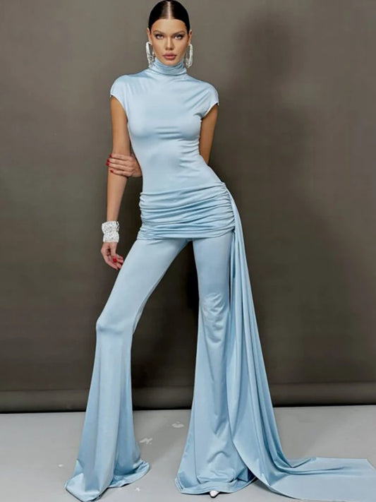 Turtleneck Short Sleeve Ribbon Women Blue Jumpsuit