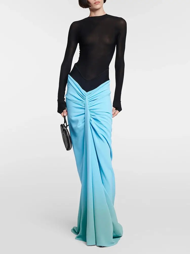 Dress Set Translucent Black Mesh Skin-Tight Garment+Drop Blue Fishtail Dress 2-Piece Sexy Elegant Set