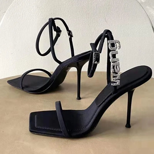 Black high-heeled sandals one-line buckle summer new diamond-lettered square high heels