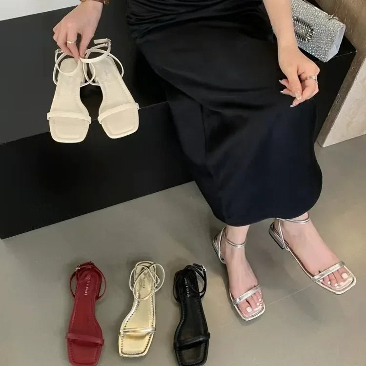 Spring Autumn New Fashionable Korean Style Casual Low Heel Square Toe Sandals With Dress Beach Sea