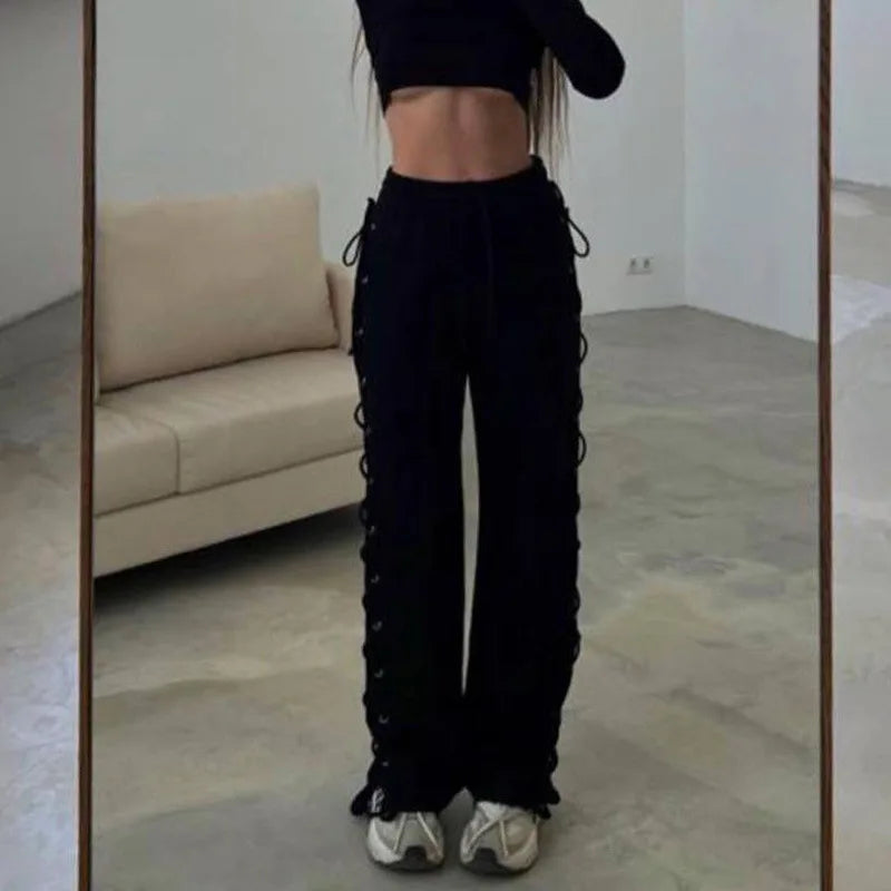 Y2K Grunge Casual Baggy Long Pants Solid Color Drawstring Waist Side Hollow Out