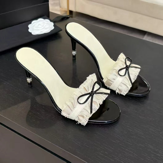 2025 New Arrival Summer Pleaed Open-Toe High Heel Woman Slippers Butterfly-Knot Decora Stiletto