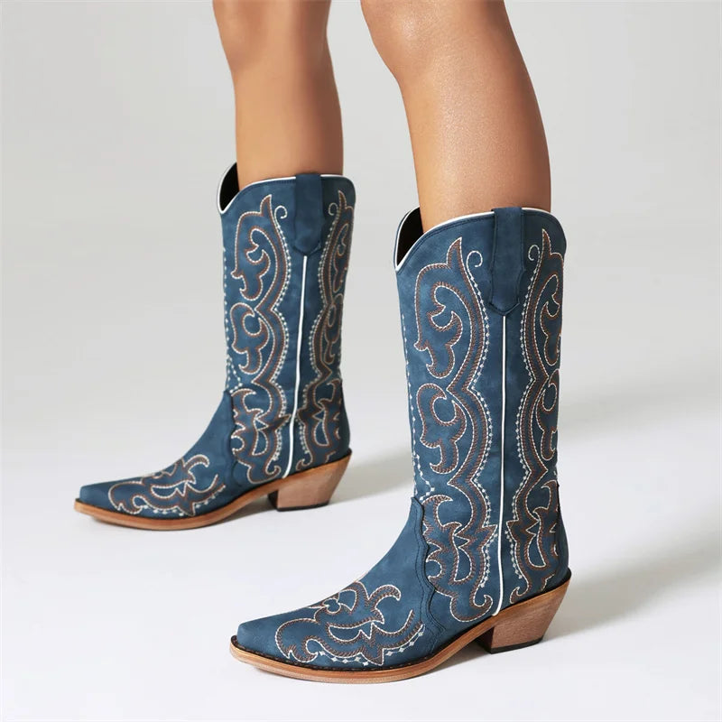 Denim Boots Blue Mid Calf Chunky Heel Embroider Cowgirl Cowboy Boots For Women Western Shoes