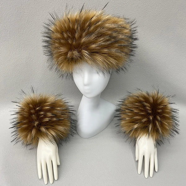 Ring Scarves Cuffs Faux Fur Raccoon Detachable Fur Sleeve Winter Luxury Warm Fox Fur Scarf Wrist Cuffs Gloves Set