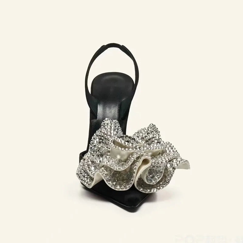 New Sandals Black Rhinestone Flower Sandals Women's Thin High Heel Pointed One Line High Heel Shoes