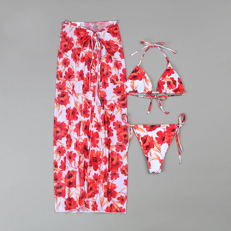 Flower Print 3 Pieces Bikini Set Beach Summer