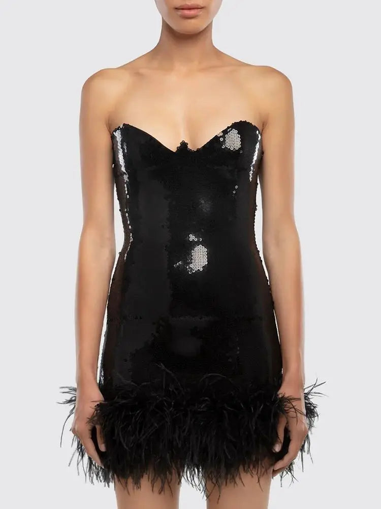 Black Fashion Sequin Feather Strapless Mini Tight Mini Dress Elegant Celebrity Party Dress