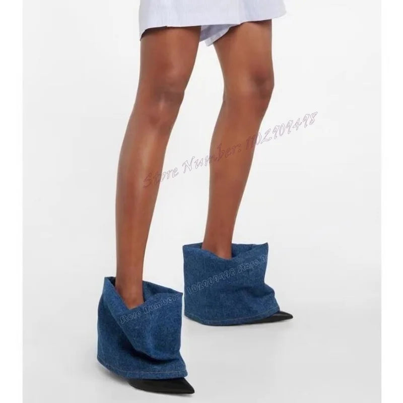 Blue Denim Patchwork Mid Calf Boots Pointed Toe Shoes
