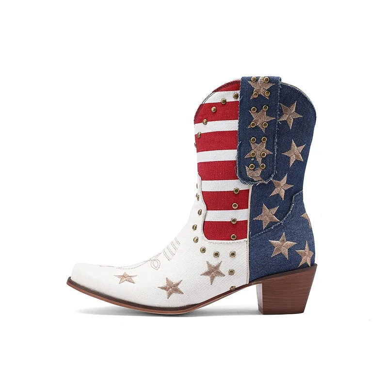 Cowgirl Cowboy Western Boots USA Flag Ankle Booties Denim Stars Stripes Heeled Shoes 2025 New Footwear