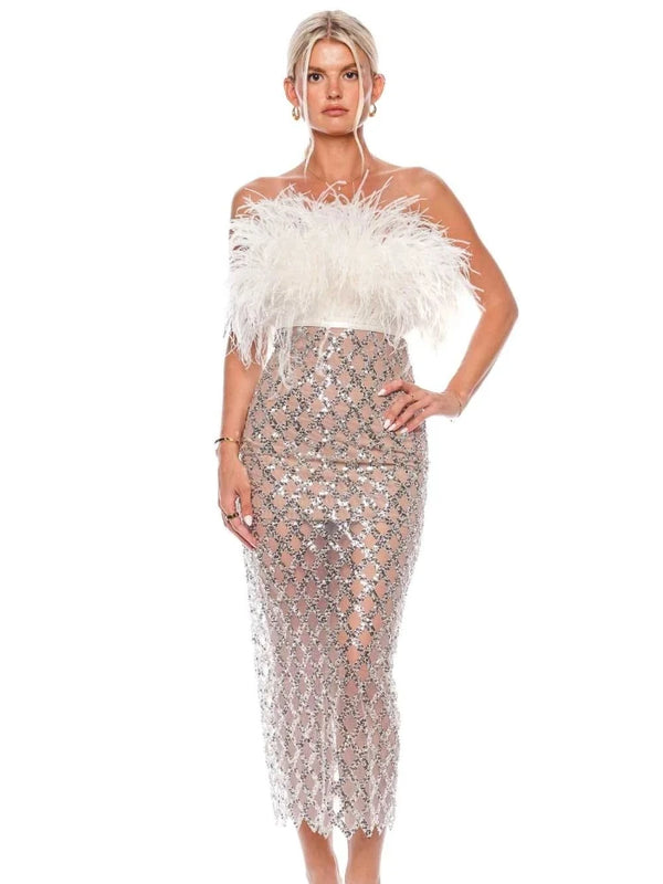 Strapless Sequin White Feather Midi Dress Elegant Celebrity Party Evening Dress