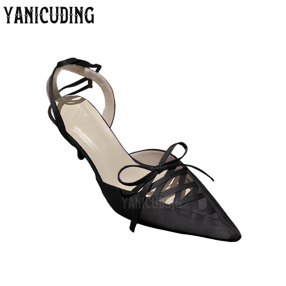 Pointed Toe Strappy Stilettos Women's Satin Kitten Heels Summer Shoes Sweet Style Lace-Up Ankle Straps Summer Shoes New Arrival
