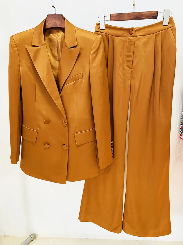 Double Breasted Satin Silk Blazer Straight Pants Set