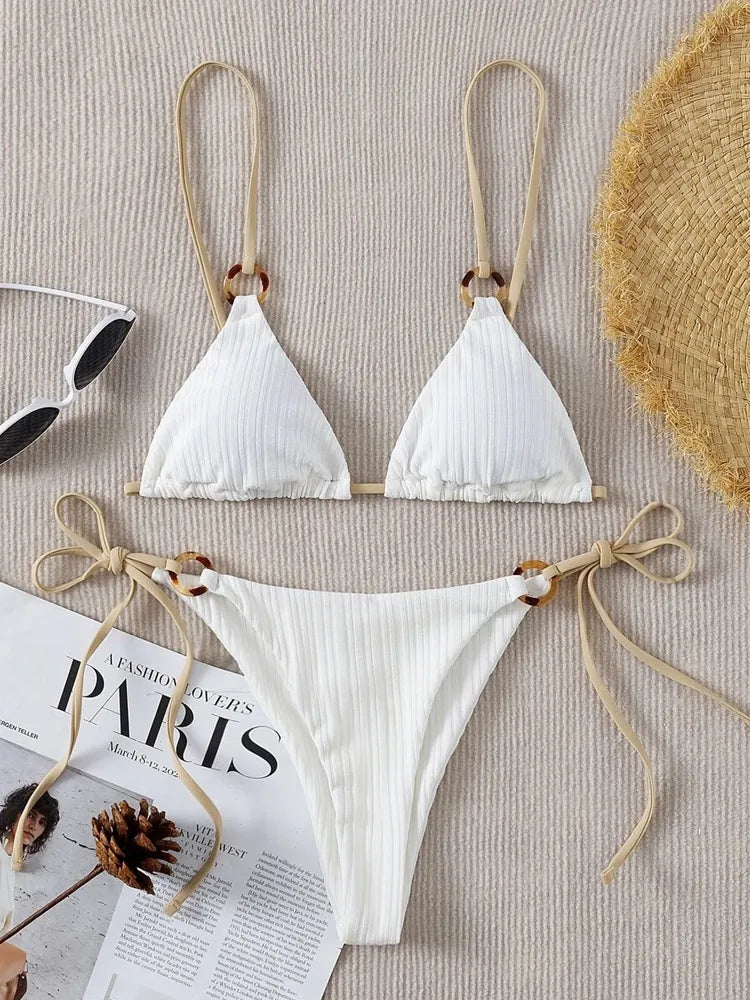 Bikini Set Cute White Ring Linked Triangle Tie Side Triangle Thong Biquini Swimsuit Swimwear Women Bathing Suit