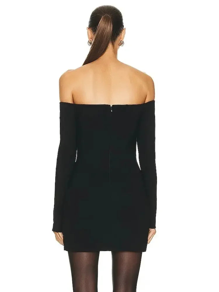 New Luxury Beaded Diamond Off Shoulder Long Sleeve Party Dress Bodycon Bandage Black Mini Dress