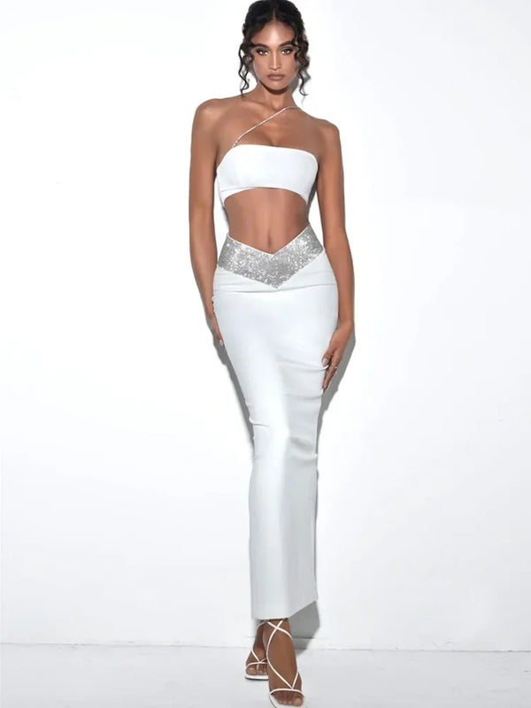 One Shoulder Crystal Diamonds White Black Two Piece Long Bandage Set