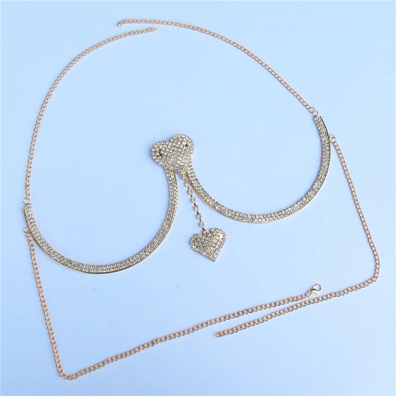 Simple Handmade Rhinestone Heart Chest Support Bra Chain Body Jewelry