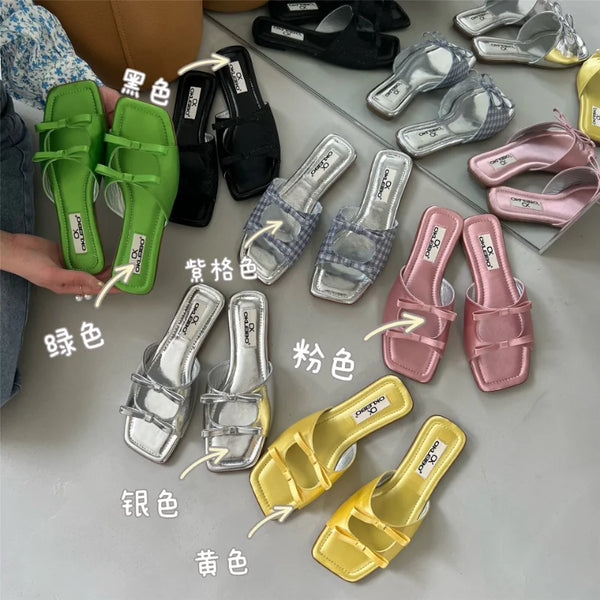 2023 Summer Candy Leather Beach Shoes Women Bow Flat Slippers Women's Shoes Simple Slides Open Toe Flat Slippers for Women J685