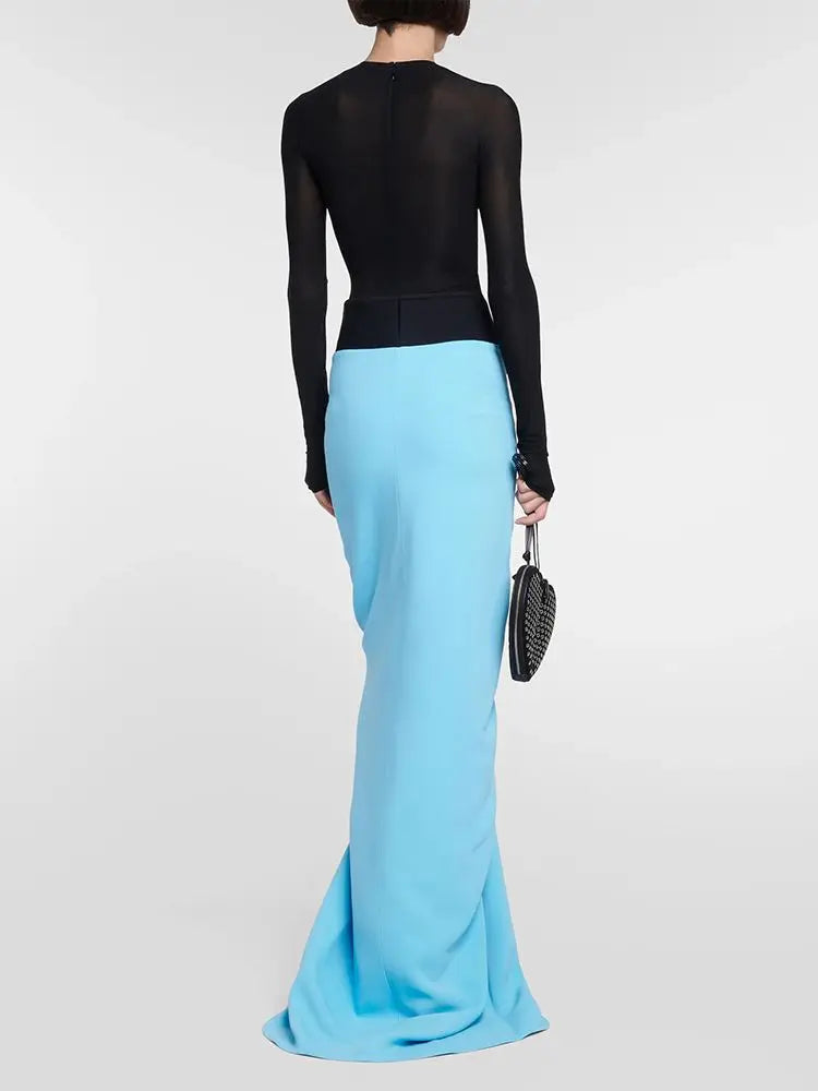 Dress Set Translucent Black Mesh Skin-Tight Garment+Drop Blue Fishtail Dress 2-Piece Sexy Elegant Set