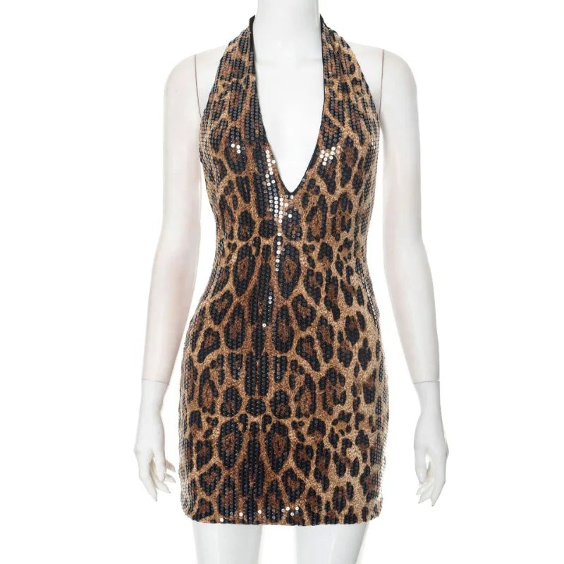 Leopard Sequin Backless Halter Short Dress
