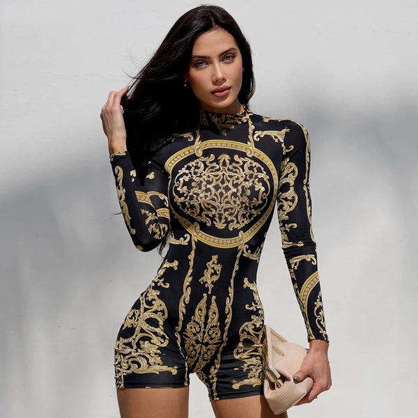 Classical Print O Neck Long Sleeve Playsuit 2022 New Year Sexy Slim Sports Elegant Casual Streetwear Concise Y2K