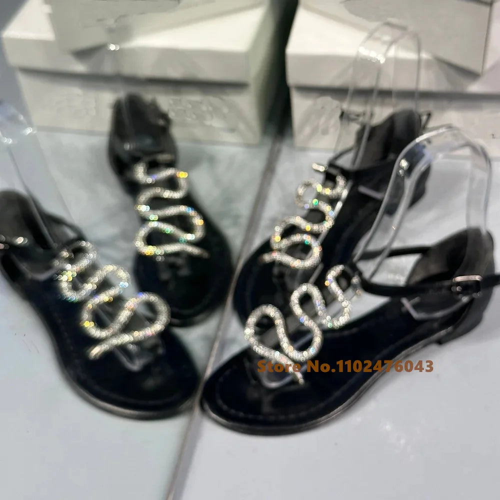 Black Crystal Flat Sandals Snake Shape Rhinestone Genuine Leather Cover Heel Flip Fops Leisure Beach Shoes