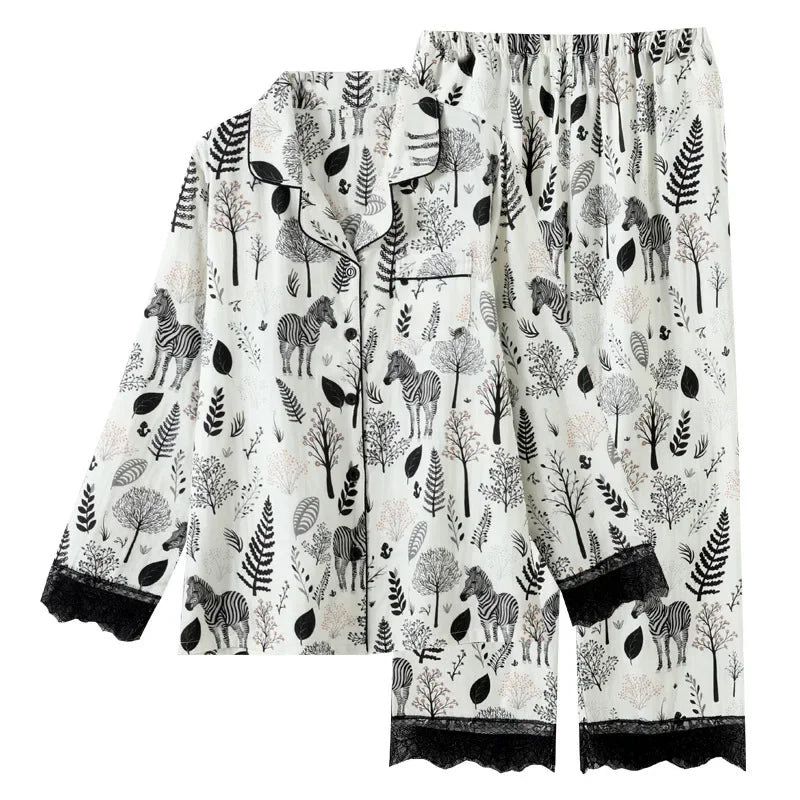 Zebra Print Pajamas for Women Turn-down Collar Lace Cuffs Long-sleeved  Trousers Loose Loungewear Cotton Double-layer Set
