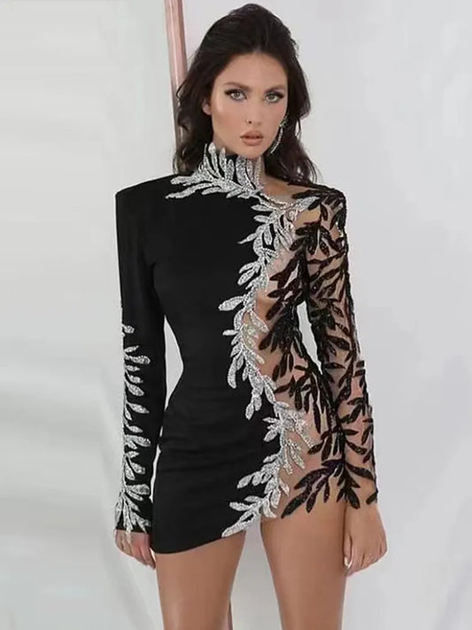Luxury Sequins Applique Sparkles Prom Dress Elegant Black Long Sleeves See Through Mini Party Cocktail Dress