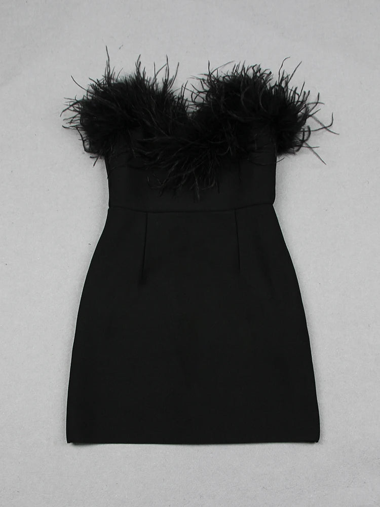 Black Feathers Strapless Bodycon Mini Dress Elegant Fashion Celebrity Party Club Dresses Vestido