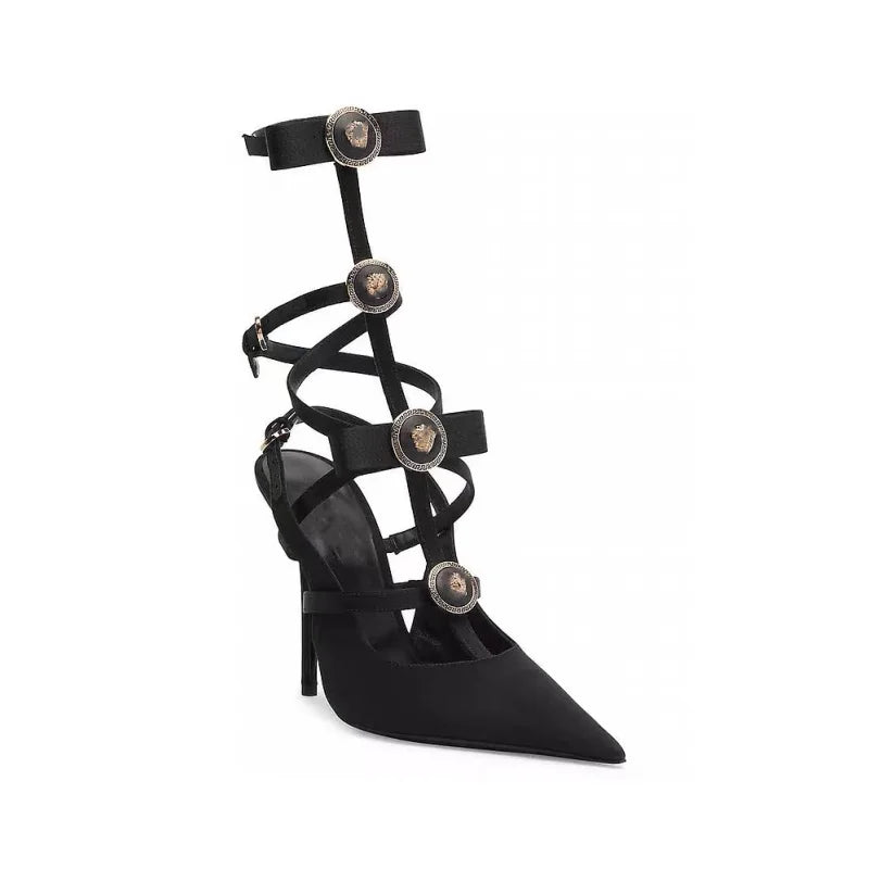 Pointed Bow, Hollowed Out Belt Buckle, Solid Color Banquet Sandals, Toe Wrapped Thin High Heels, Metal Decorative Sandals
