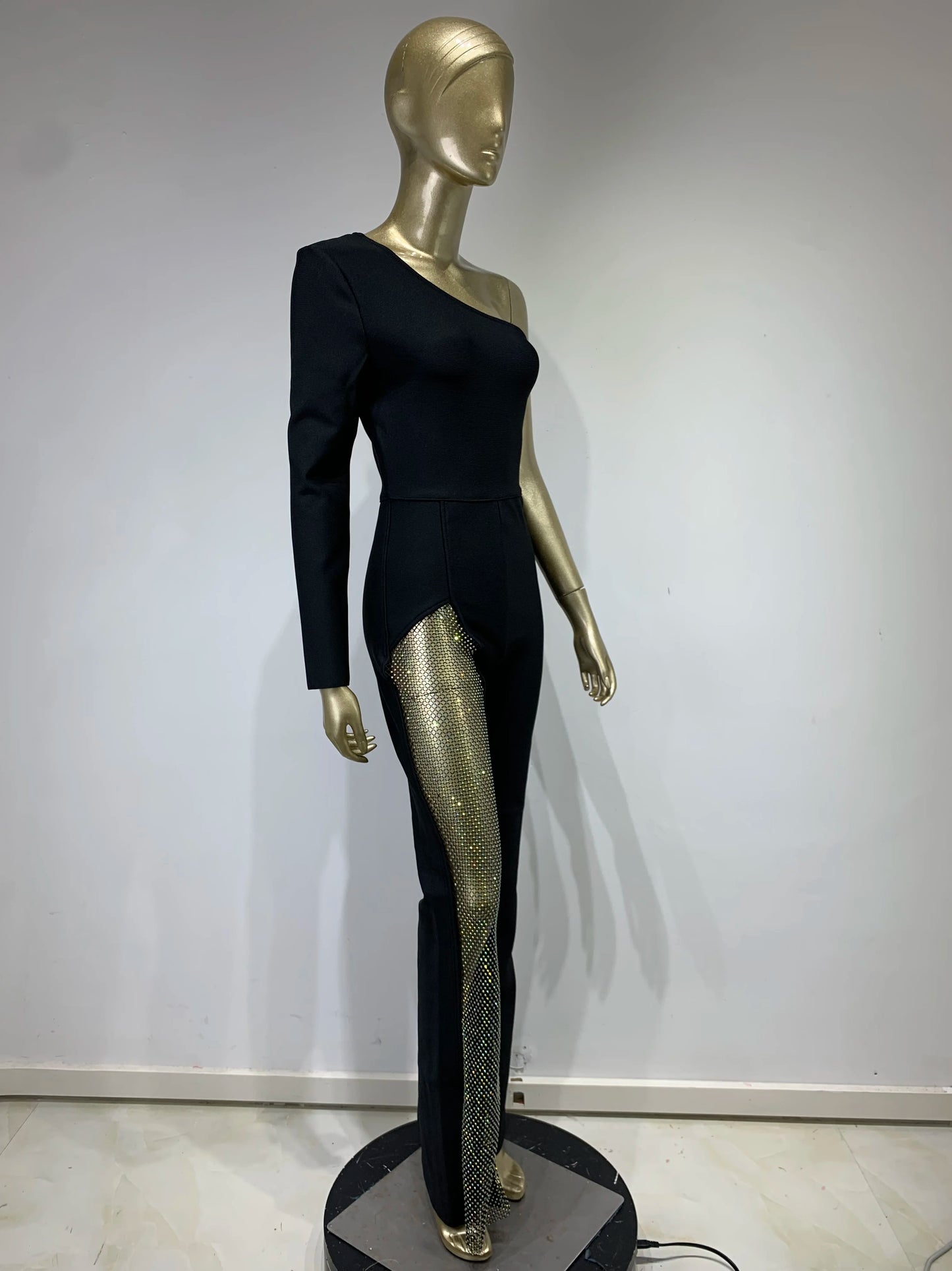 Designer One Shoulder Diamonds Crystal Black Bandage Jumpsuit Bodycon High Street Celebrity Boot Cut Jumpsuit Rompers