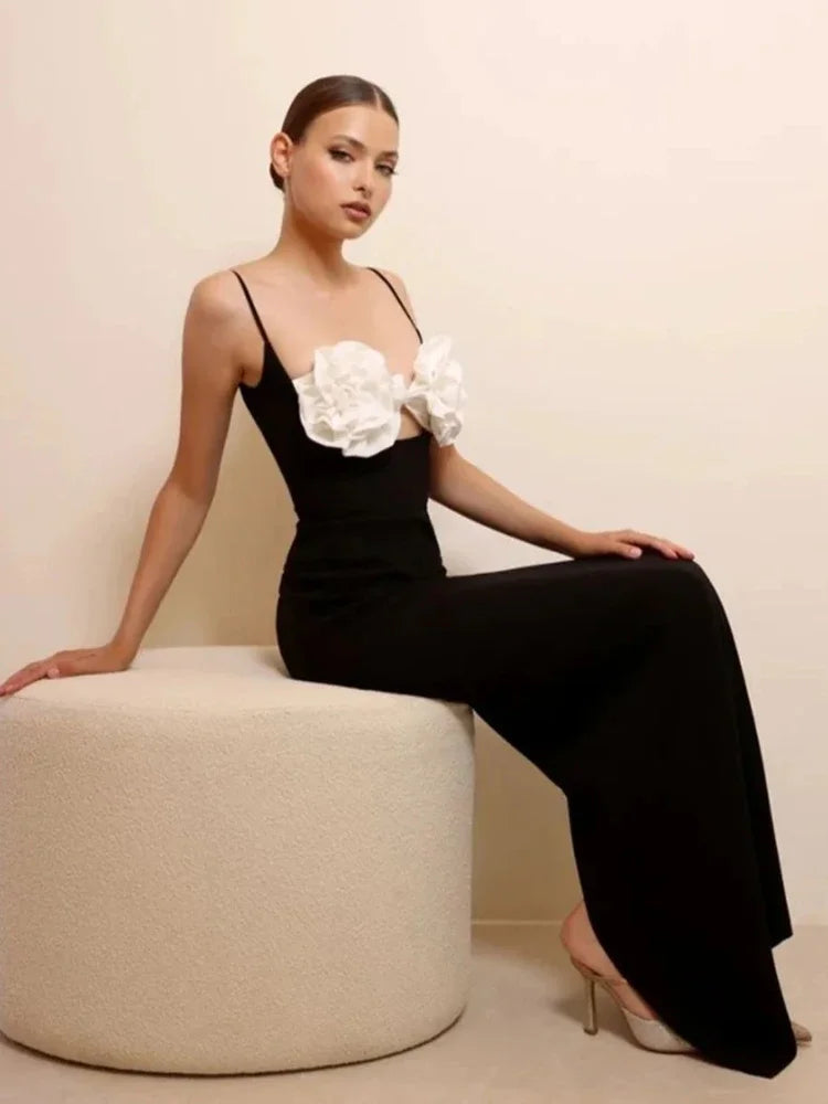 Hollow out Italian Noodle Strap 3D Flower Design Bandage Long Dress