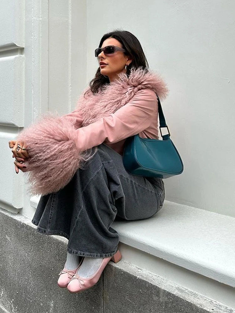 Cropped Pink Leather Jacket With Feather Fashion V-neck Short Coats