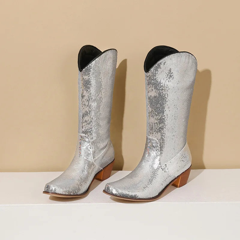 Sequin Bling Chunky Western Boots Women Platform Stylish Comfy Shoes
